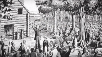 An illustration of the Cane Ridge Revival, a camp meeting of religious fervor that began on August 6, 1801 and continued for about a week. It is considered a crucial event of the Second Great Awakening.