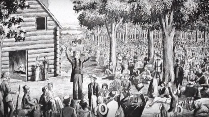 An illustration of the Cane Ridge Revival, a camp meeting of religious fervor that began on August 6, 1801, and continued for about a week. It is considered a crucial event of the Second Great Awakening.