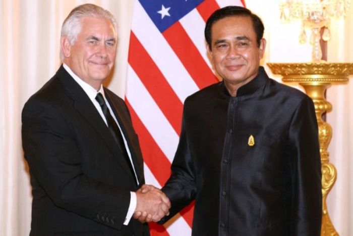 U.S. Secretary of State Rex Tillerson shakes hands with Thailand's Prime Minister Prayuth Chan-ocha at Government House in Bangkok, Thailand August 8, 2017.