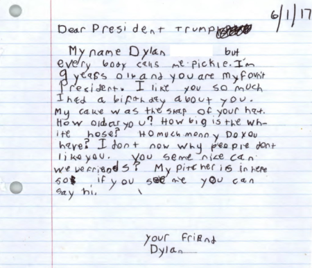A hand-written letter sent to President Donald Trump by 9-year-old admirer Dylan "Pickle" Harbin.