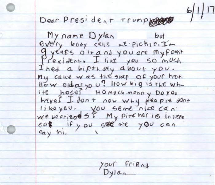 A hand-written letter sent to President Donald Trump by 9-year-old admirer Dylan 'Pickle' Harbin.