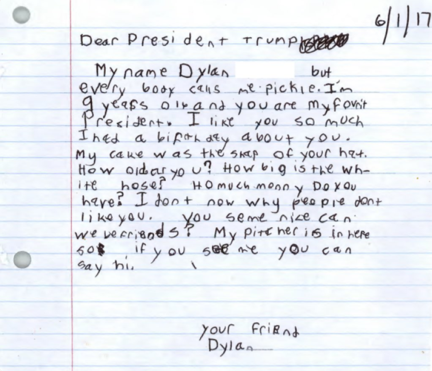 A hand-written letter sent to President Donald Trump by 9-year-old admirer Dylan "Pickle" Harbin.