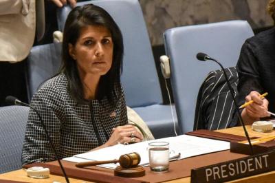 U.S. Ambassador to the U.N. Nikki Haley prepares to speak at a Security Council meeting on the situation in Syria at the United Nations Headquarters in New York, U.S., April 12, 2017.