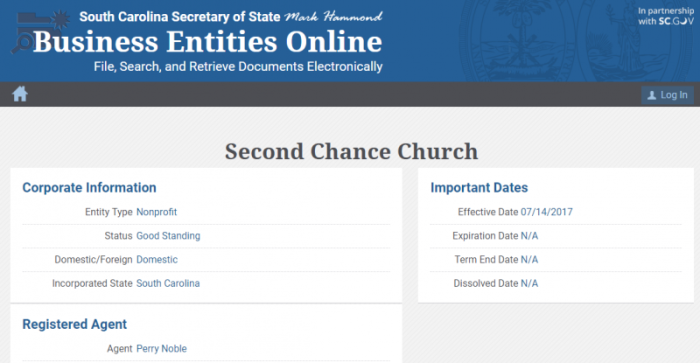 A screen shot of the record for Pastor Perry Noble's Second Chance Church filed in the state of South Carolina.