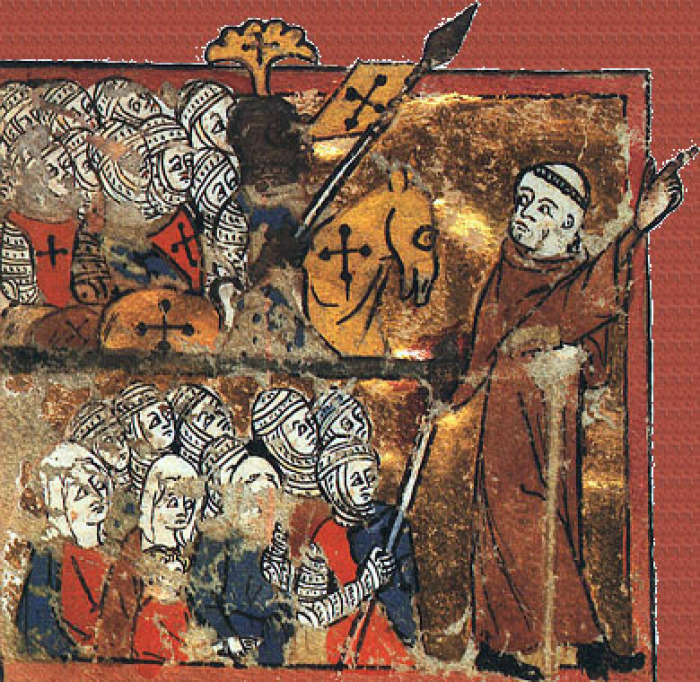 Peter the Hermit leading an army during the First Crusade (1096-1099).