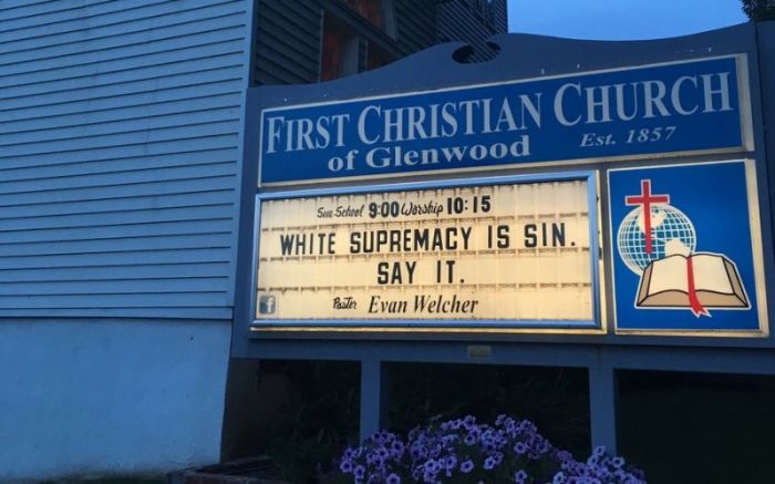 The sign outside First Christian Church in Glenwood, Iowa, posted on August 12, 2017.