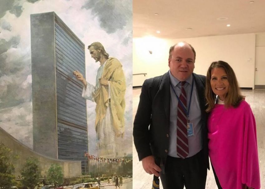 Former presidential candidate Michele Bachmann (R), Stefano Gennarini of C-Fam (C) and "Prince of Peace" by Christian artist Harry Anderson depicts Jesus Christ at the United Nations building and can be found at Christ-Centered Art (L).