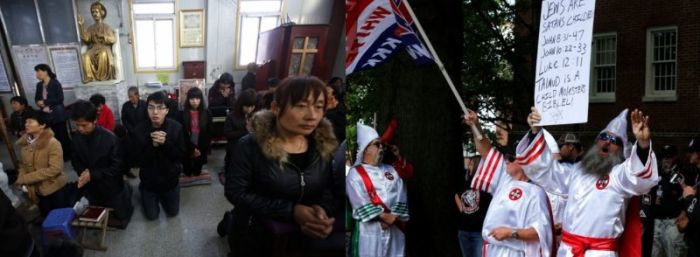 (L) Believers take part in a weekend mass at an underground Catholic church in Tianjin November 10, 2013. (R) Members of the Ku Klux Klan rally in support of Confederate monuments in Charlottesville, Virginia, U.S. July 8, 2017.