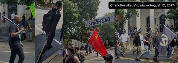 Counter protesters, members of Antifa (C) and white supremacist groups (R) in Charlottesville, Virginia, August 12, 2017.