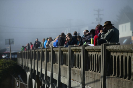People line up on a bridge as the sun emerges through fog cover before the solar eclipse in Depoe Bay, Oregon, U.S., August 21, 2017. Location coordinates for this image are 44°48'38