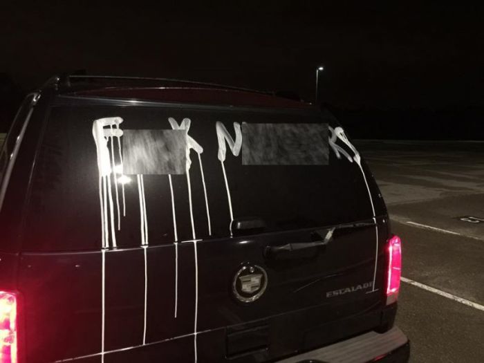 Pastor Jason Mitchell's vehicle was vandalized with a racial slur at the Collierville High School parking lot in Tennessee on Sunday August 20, 2017. 