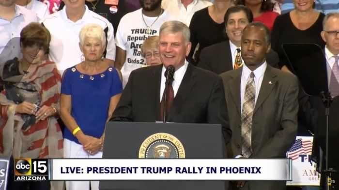 Evangelist Franklin Graham speaks at President Donald Trump's rally in Phoenix, Arizona on August 22, 2017.