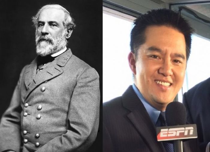 Portrait of Gen. Robert E. Lee, officer of the Confederate Army (L) who died in 1870 and ESPN broadcaster Robert Lee(R).