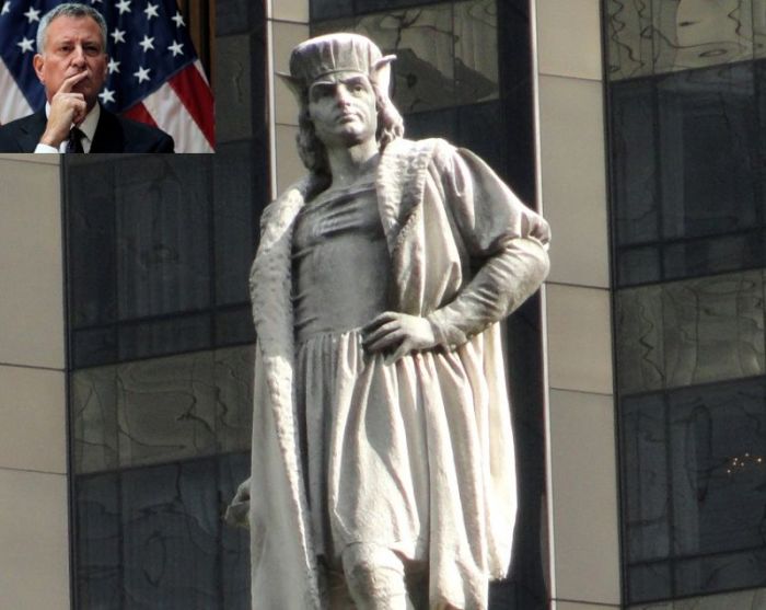 New York City Mayor Bill de Blasio (inset) and the statue of Italian-born explorer, Christopher Columbus, at Columbus Circle in Manhattan.