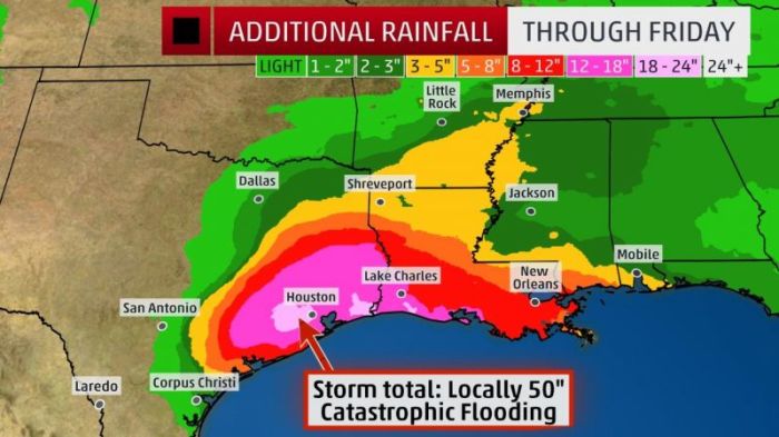 Areas in red, purple, pink and white are in the highest threat for flooding rainfall from Harvey through the weekend. Photo published on August 28, 2017.