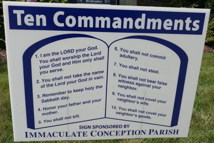A sign promoting the Ten Commandments placed outside of the Immaculate Conception Parish of Irwin, Pennsylvania.
