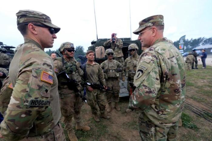 U.S. Army Europe commander Ben Hodges speaks to soldiers during the final day of NATO Saber Strike exercises in Orzysz, Poland, June 16, 2017.