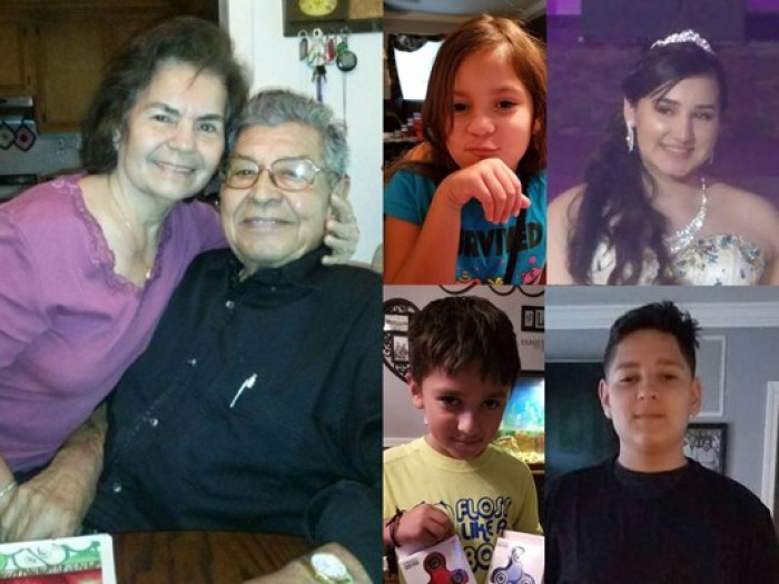 The six family members who drowned in a van on Sunday, August 27, 2017: Manuel Saldivar, 84, and his wife Belia, 81, are pictured in the photo on the left. On the right are Daisy Saldivar, 6, in blue, Xavier Saldivar, 8, in yellow, Dominique Saldivar, 14, in black and Devy Saldivar, 16, in white.