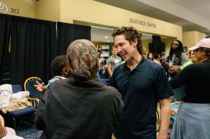 Pastor Joel Osteen speaks with evacuees of Hurricane Harvey at Lakewood Church in Houston, Texas, in this photo posted to Facebook on August 30, 2017.