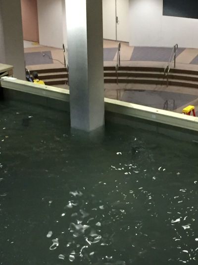 Hurricane Harvey flood waters rise near the top of the floodgate outside of Lakewood Church in Houston, Texas, in this photo take on August 27, 2017.