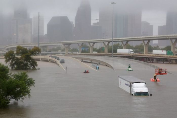 Houston's Interstate highway 45 is flooded on August 27, 2017.