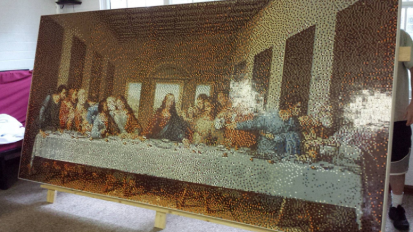 A recreation of the famous Leonardo Da Vinci painting "The Last Supper," made in summer 2017 by students from Oakland Presbyterian Church of Oakland, Florida, from approximately 78,000 legos.