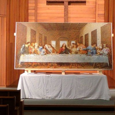 A recreation of the Leonardo Da Vinci painting 'The Last Supper,' made completely of legos, on display at Oakland Presbyterian Church of Oakland, Florida.