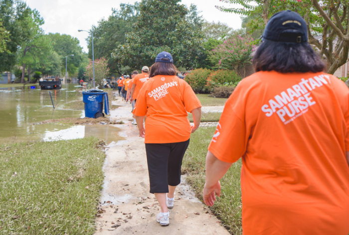 An army of Samaritan's Purse volunteers serves homeowners in a Houston neighborhood waterlogged by Hurricane Harvey in this undated photo.