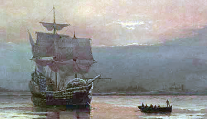 An 1882 painting of the Pilgrim ship the Mayflower, which in 1620 sailed from England to North America.