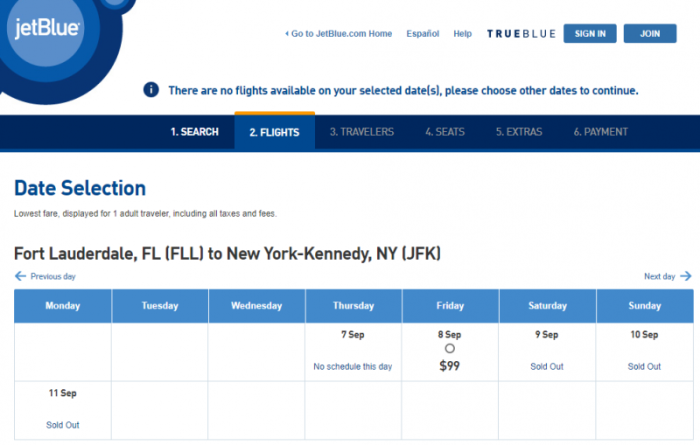 A screen shot of JetBlue fare results for flights from Fort Lauderdale, Florida to New York as of Friday September 8, 2017.