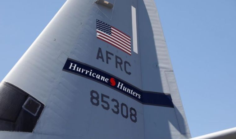 A tail of the WC-130J Super Hercules from the Air Force's 53rd Weather Reconnaissance Squadron bears the name 'Hurricane Hunters' as the plane awaits its departure from Keesler Air Force Base in Biloxi, Mississippi, to fly into the eye of Hurricane Irma off the coast of southern Florida, U.S., September 8, 2017.