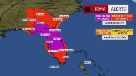 A watch means hurricane or tropical storm conditions are possible within 48 hours. A warning means those conditions are expected within 36 hours. Photo released of Hurricane Irma path on September 11, 2017.