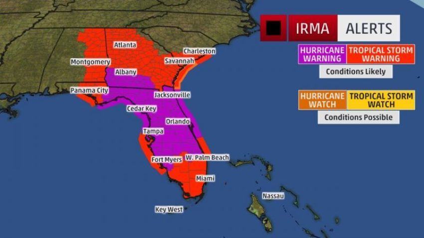 A watch means hurricane or tropical storm conditions are possible within 48 hours. A warning means those conditions are expected within 36 hours. Photo released of Hurricane Irma path on September 11, 2017.