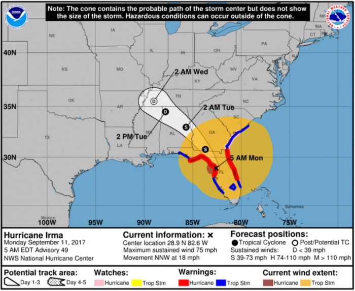 Probable path of Irma as of 5 a.m. Monday, Sept. 11, 2017.