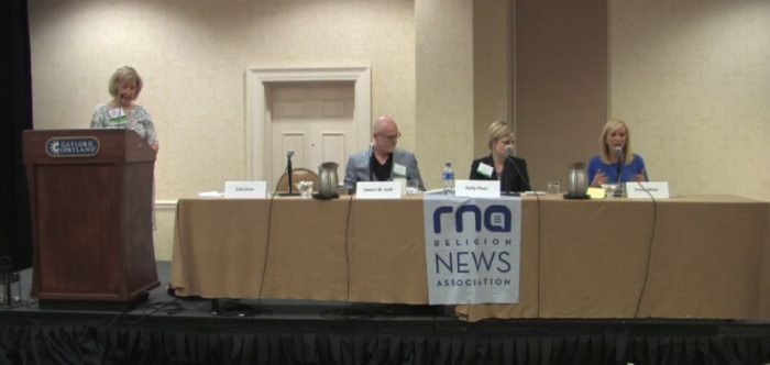 A Religion News Association conference panel held Saturday, September 9, 2017 at the Gaylord Opryland Hotel in Nashville, Tennessee. From left to right: Julia Duin, getreligion.org writer who served as moderator for the panel; James Goll, president and founder of God Encounters Ministries; Holly Pivec, writer at the Spirit of Error Blog; and Paula White, senior pastor of New Destiny Christian Center and adviser to President Donald Trump.