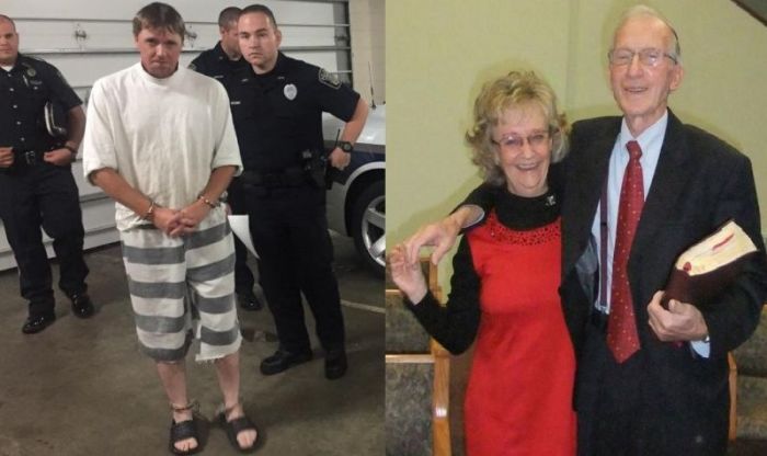 Dwight Mitchell Bell, 41 (L), is arrested by Somerset Police in Kentucky. Ruthie Carolyn New, 70 (pictured right with her husband), was found dead in a storage room at Denham Street Baptist Church in Somerset on Thursday August 24, 2017. Her late husband, Pastor J.S. New, founded the church.