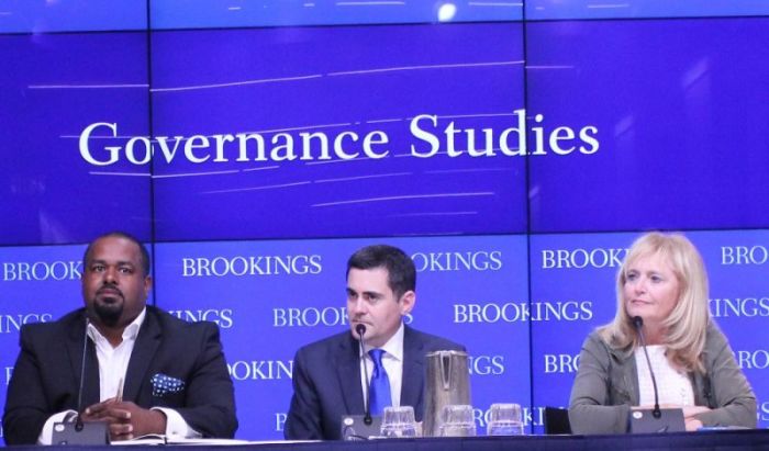 Joshua Dubois (L), Russell Moore (C), and Katrina Lantos Swett (R) speak on panel addressing religious liberty at the Brookings Institution in Washington, D.C., on September 12, 2017.