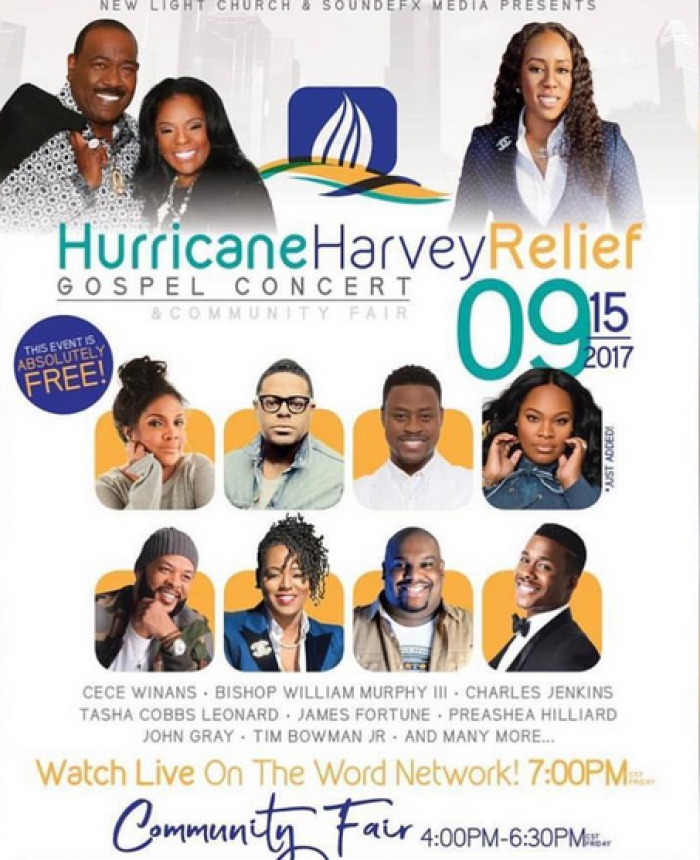 The Hurricane Harvey Relief Gospel Concert is taking place on September 15, 2017 at New Light Church in Houston, Texas.