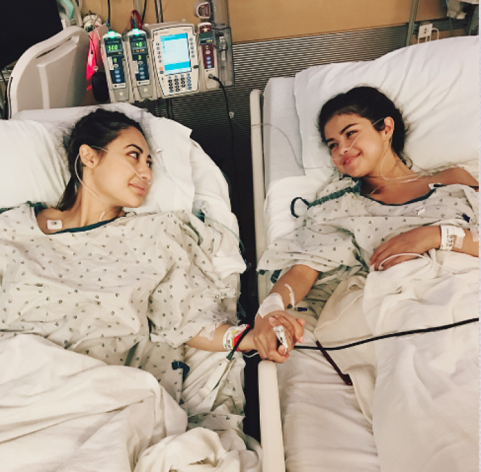 Selena Gomez recovering alongside actress Francia Raisa after a kidney transplant operation, 2017.