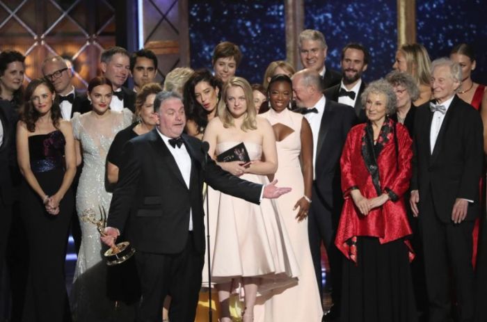 Bruce Miller with the cast and crew accept the award for Outstanding Drama Series to 'The Handmaid's Tale' at the 69th Primetime Emmy Awards show in Los Angeles, California on September 17, 2017.
