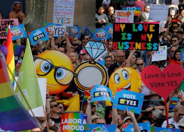 People attend a rally for gay marriage in Sydney, Australia, September 10, 2017.