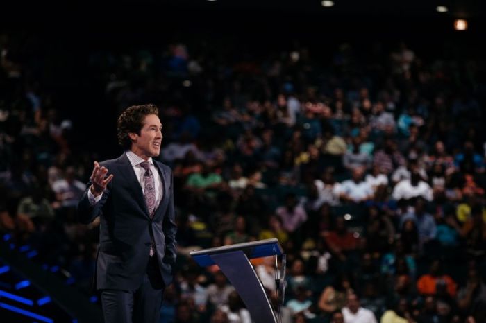 Joel Osteen preaches at Lakewood Church in Houston, Texas in April 2017.