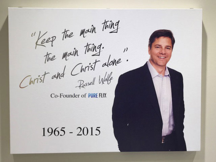 This photo of Pure Flix co-founder Russell Wolfe hangs in the main lobby of the company's headquarters as well as in the room of Pure Flix COO Steve Fedyski's private office.
