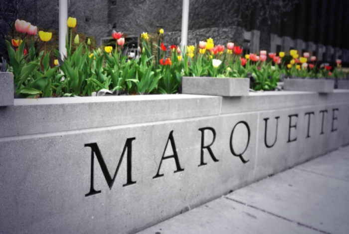 A sign for Marquette University, a Catholic Jesuit academic institution based in Milwaukee, Wisconsin.