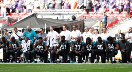 Some NFL players with the Jacksonville Jaguars took a knee during the playing of the National Anthem but stood for "God Save the Queen" at Wembley Stadium in London, England, September 24, 2017.