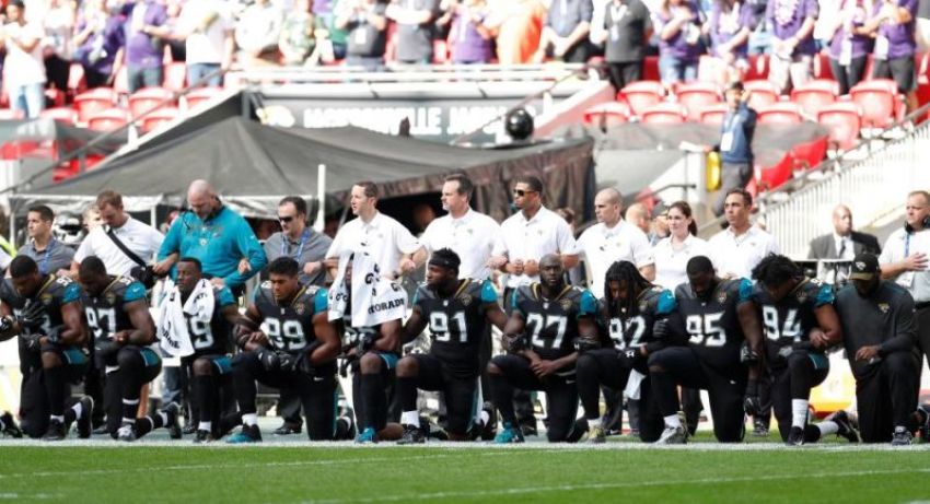 Some NFL players with the Jacksonville Jaguars took a knee during the playing of the National Anthem but stood for "God Save the Queen" at Wembley Stadium in London, England, September 24, 2017.