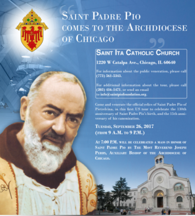 A flier for the 2017 national tour showcasing relics of Padre Pio, sponsored by the Saint Pio Foundation.