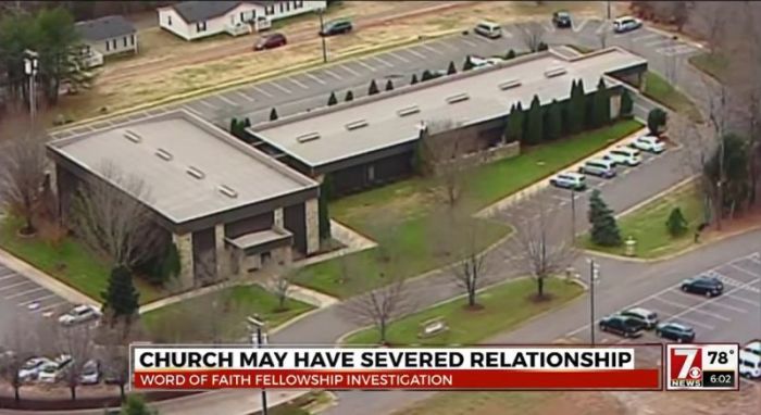 Word of Faith Fellowship church in North Carolina, filmed in this WSPA 7News video released on March 27, 2017.
