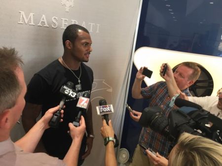 Deshaun Watson, 22, rookie quarterback for the Houston Texans answers questions from the media.
