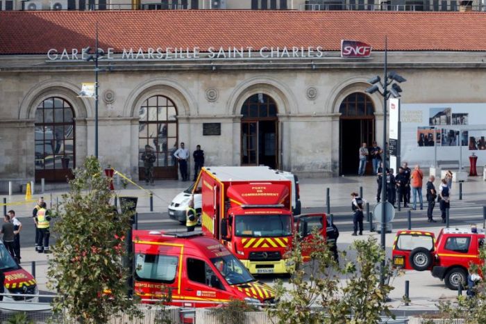 Emergency services vehicles are seen outside the Saint-Charles train station after French soldiers shot and killed a man who stabbed two women to death at the main train station in Marseille, France, October 1, 2017.